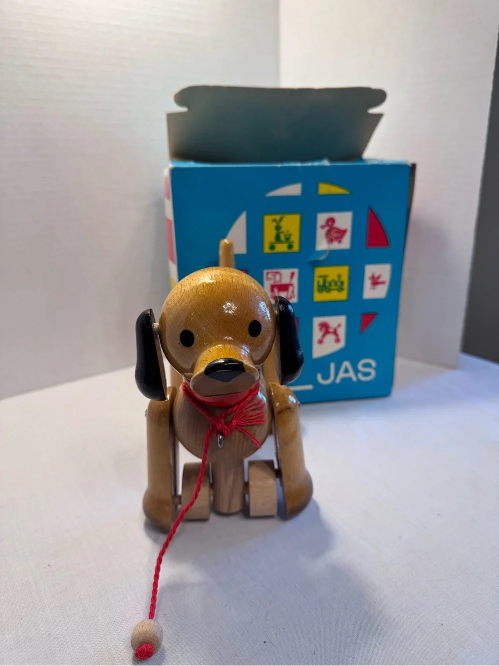 Vintage JAS Czechoslovakia Wooden Dachshund Pull Toy - 1970s Mid-Century Modern